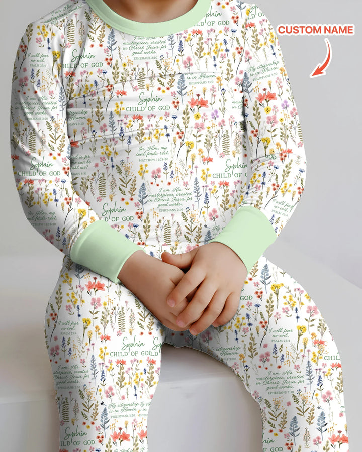 Custom Name Child of God Flower Garden Bamboo Two Piece Long Sleeve Pajama Set