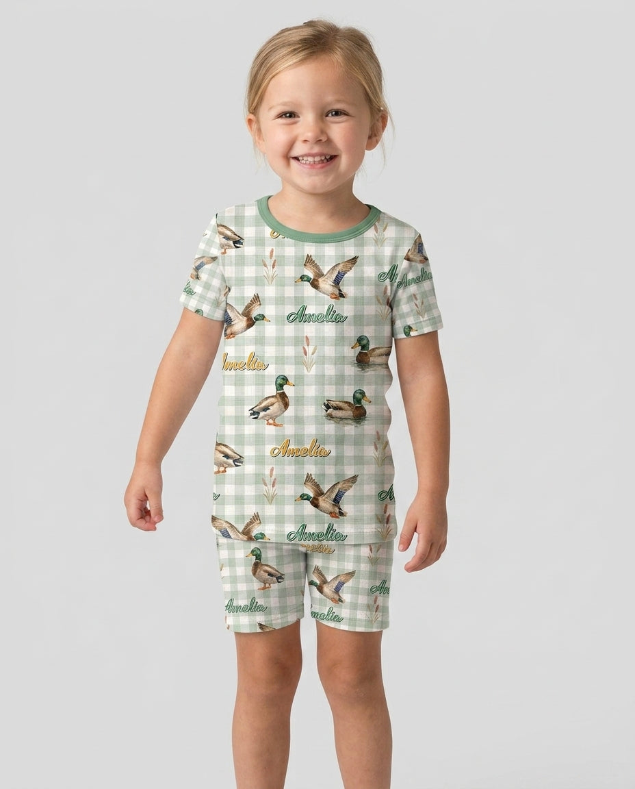 Mallard Duck Custom Name Bamboo Two Piece Short Sleeve Shorts Pajama Set