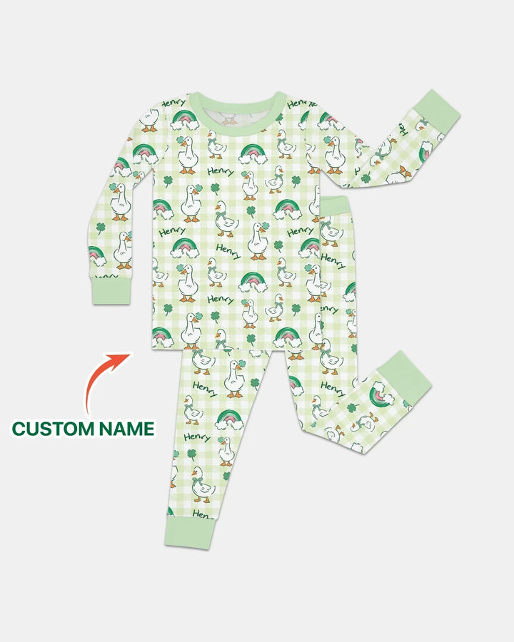 Custom Name Lucky Ducks Bamboo Two Piece Long Sleeve Pajama Set