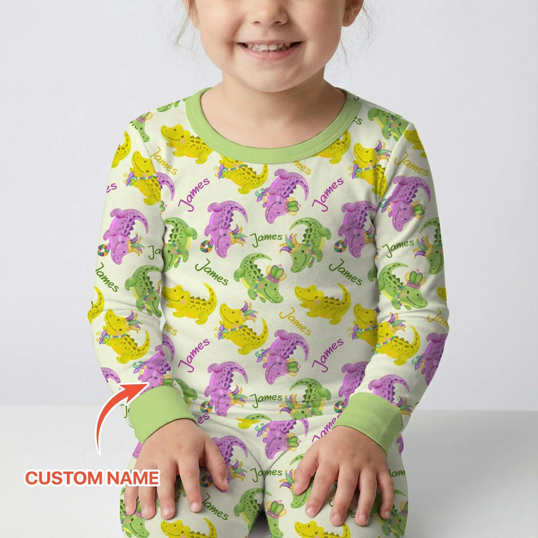 Custom Name Mardi Gras Alligator Bamboo Two Piece Long Sleeve Pajama Set