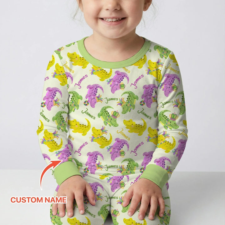 Custom Name Mardi Gras Alligator Bamboo Two Piece Long Sleeve Pajama Set