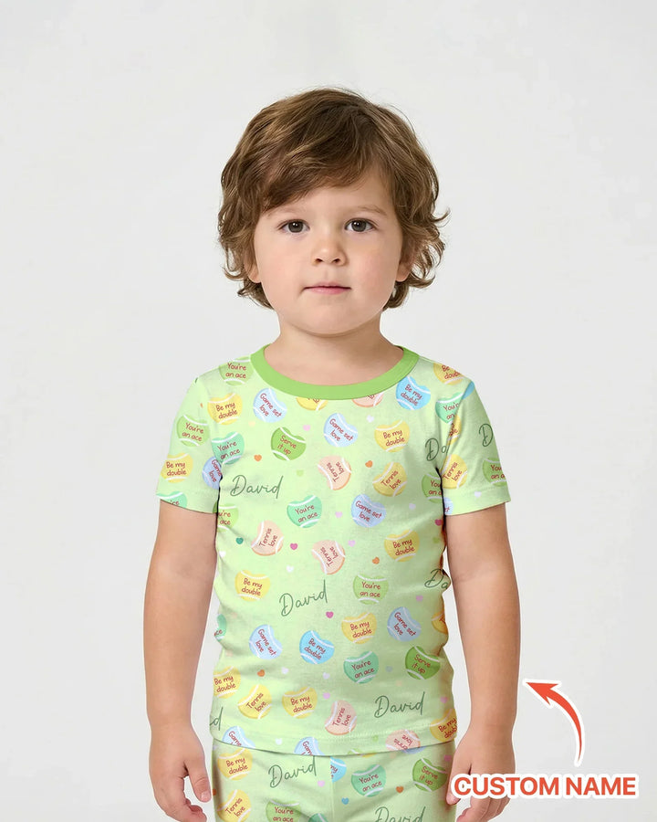 Custom Name Tennis Candy Hearts Bamboo Two Piece Short Sleeve Shorts Pajama Set