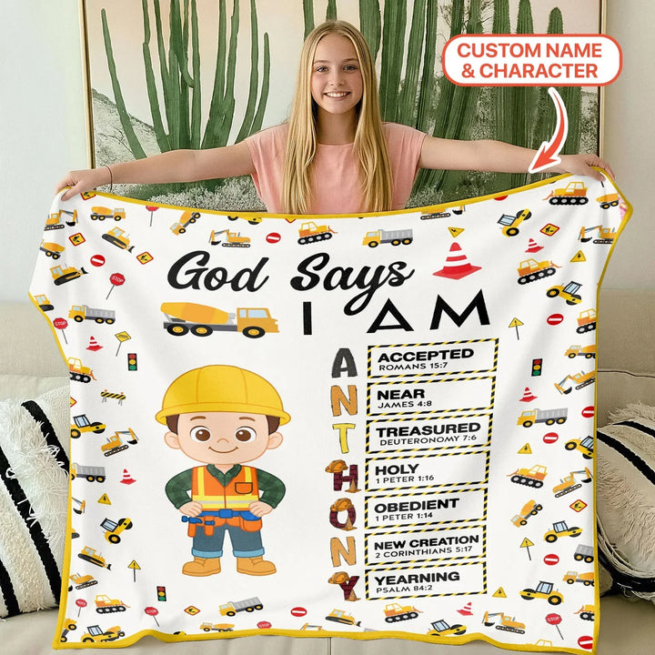 Custom Name God Says I Am Little Builder Letter in Bible Bamboo Blanket