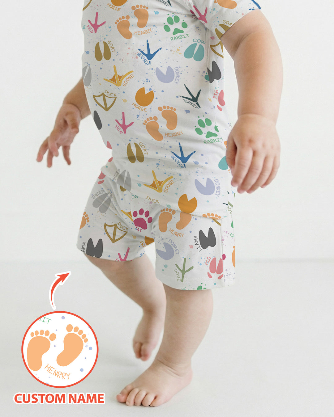 Cute Farm Animal Tracks Custom Name Bamboo Two Piece Short Sleeve Shorts Pajama Set