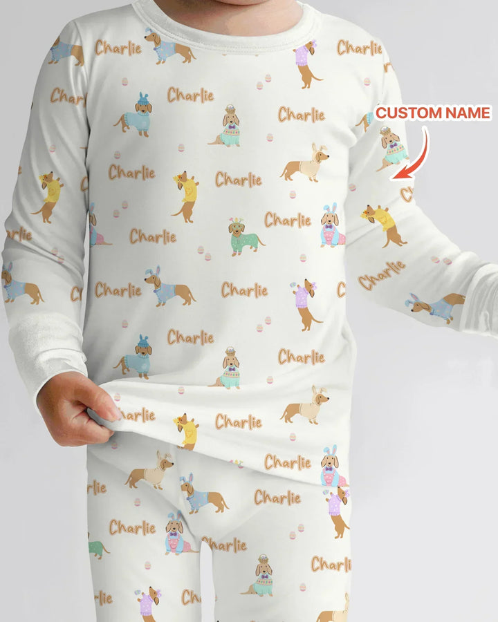 Custom Name Easter Dachshund Bamboo Two Piece Long Sleeve Pajama Set