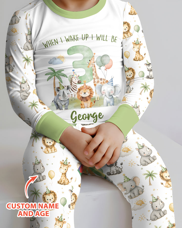Custom Name Safari Animals When I Wake Up I Will Be Birthday Bamboo Two Piece Long Sleeve Pajama Set