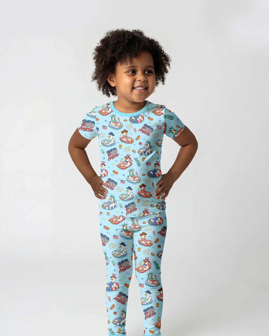 250 America Patriotic Goose Family Matching Bamboo Two Piece Short Sleeve Pajama Set