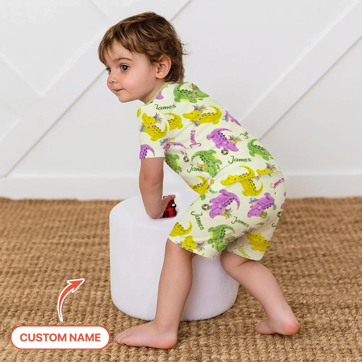 Custom Name Mardi Gras Alligator Bamboo Two Piece Short Sleeve Shorts Pajama Set