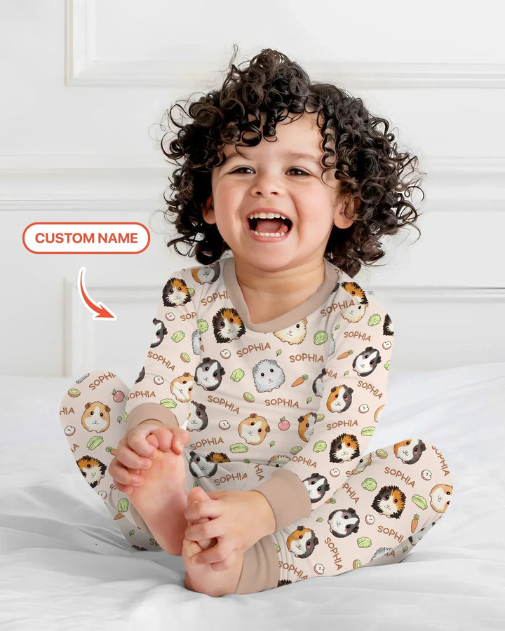 Custom Name Cute Guinea Pigs Bamboo Two Piece Long Sleeve Pajama Set