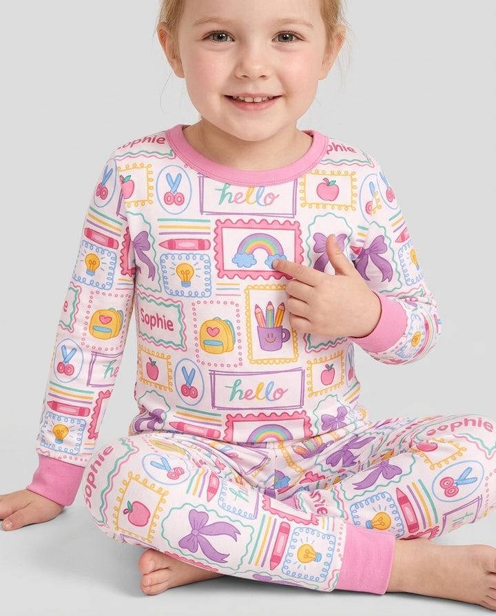 Custom Name Hello School Bamboo Two Piece Long Sleeve Pajama Set