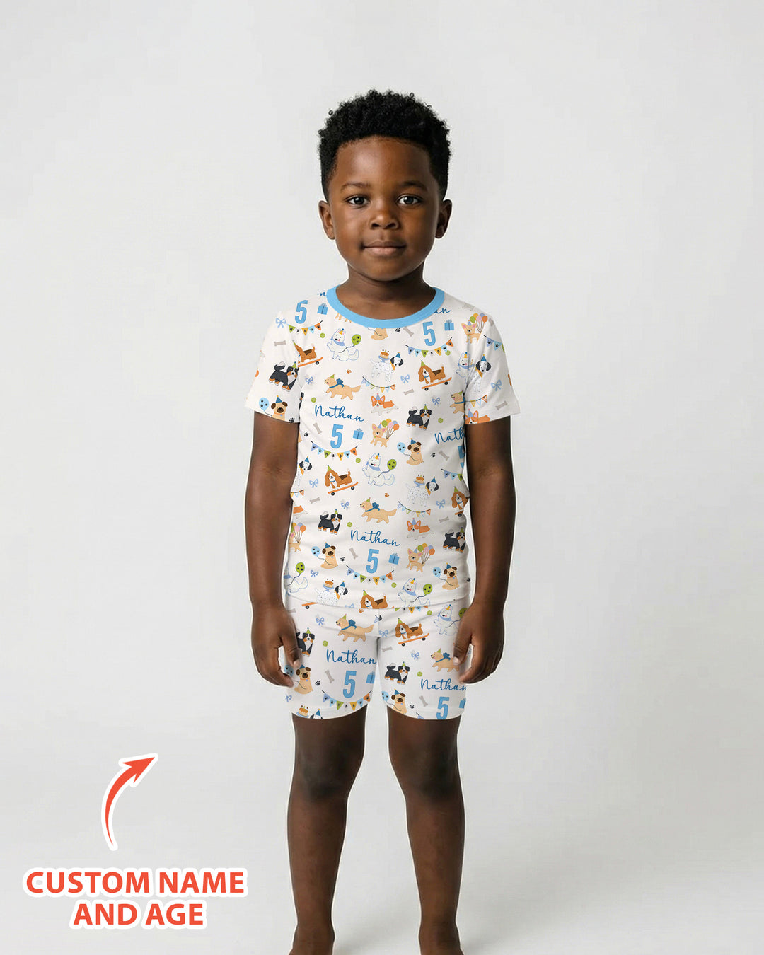Custom Name Birthday Dogs Party Bamboo Two Piece Short Sleeve Shorts Pajama Set