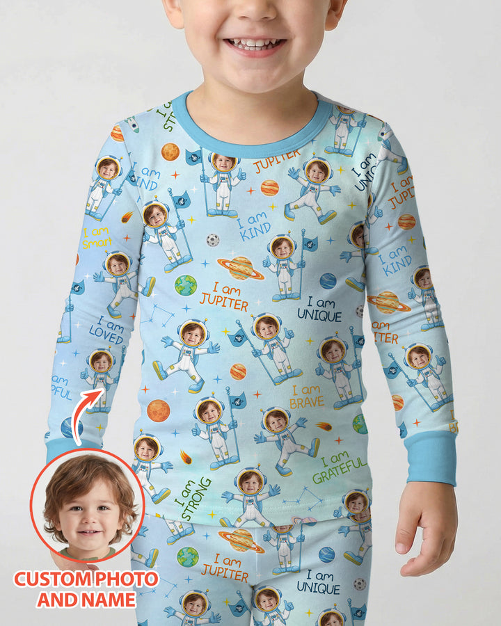 Custom Photo Kid Affirmations I Am Kind Astronaut Bamboo Two Piece Long Sleeve Pajama Set
