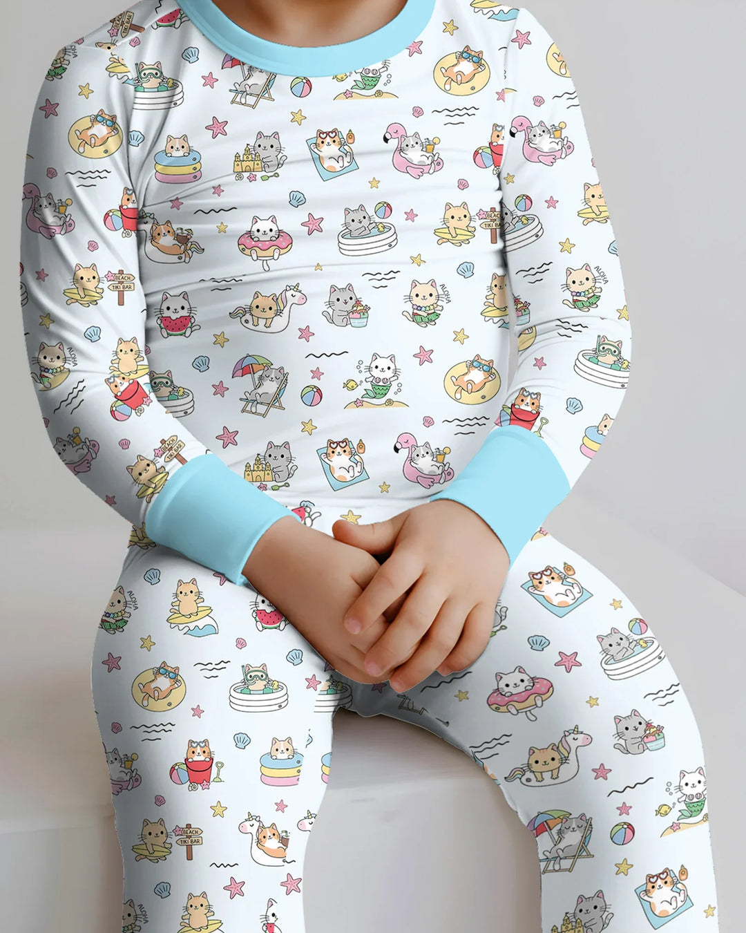 Kawaii Cats Summer Vacation Bamboo Two Piece Long Sleeve Pajama Set