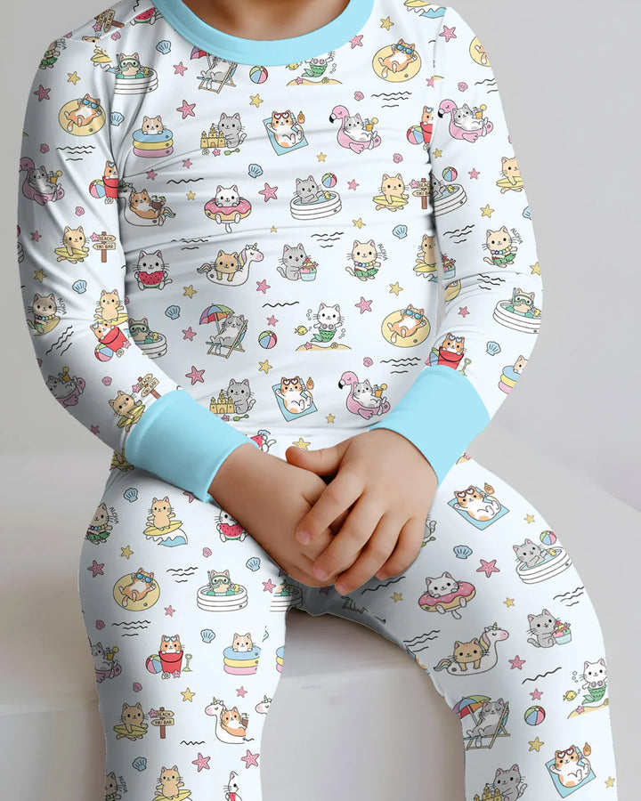 Kawaii Cats Summer Vacation Bamboo Two Piece Long Sleeve Pajama Set