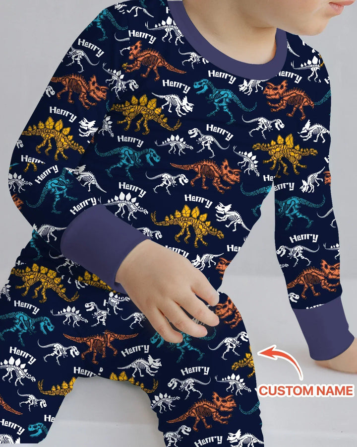 Dino Bones Parade Custom Name Bamboo Two Piece Long Sleeve Pajama Set