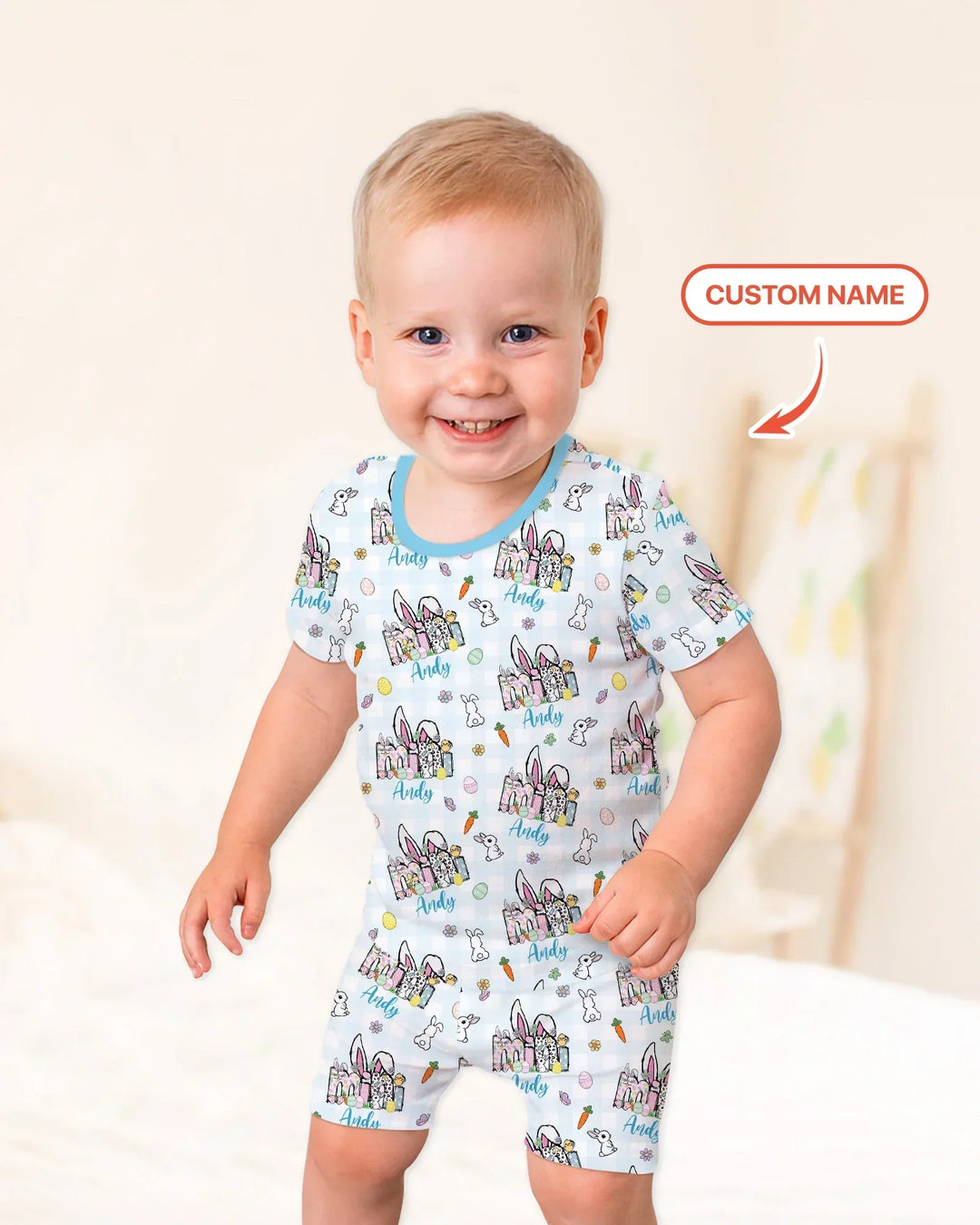 Custom Name Easter Family Matching Bamboo Two Piece Short Sleeve Shorts Pajama Set