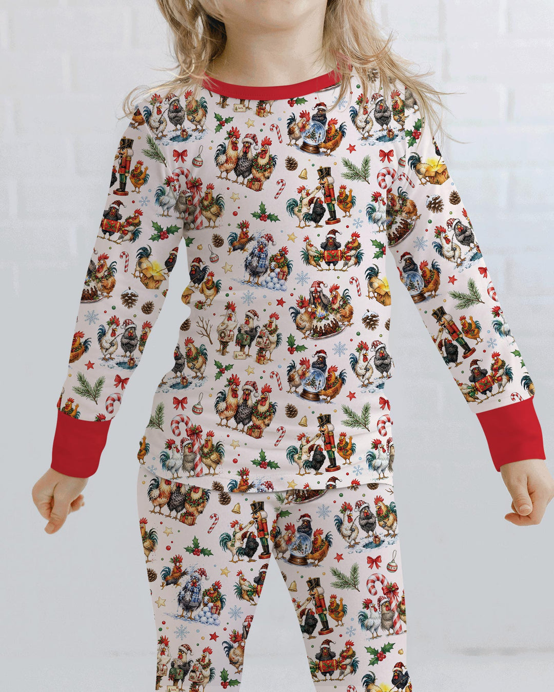Funny Roosters On Christmas Bamboo Two Piece Long Sleeve Pajama Set