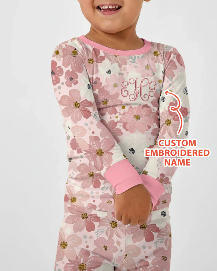 Custom Embroidered Name Floral Bamboo Two Piece Long Sleeve Pajama Set