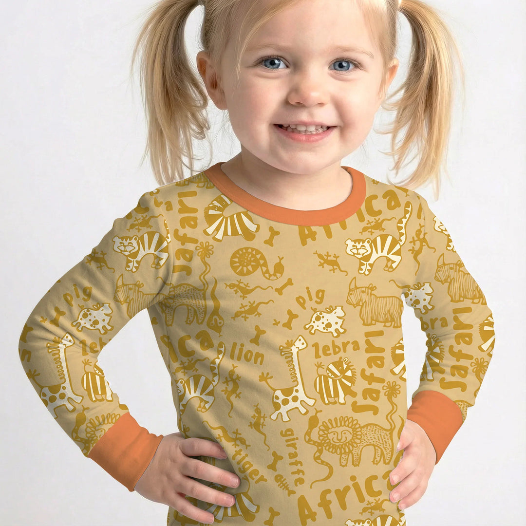 Handdrawn African Animals Bamboo Two Piece Long Sleeve Pajama Set