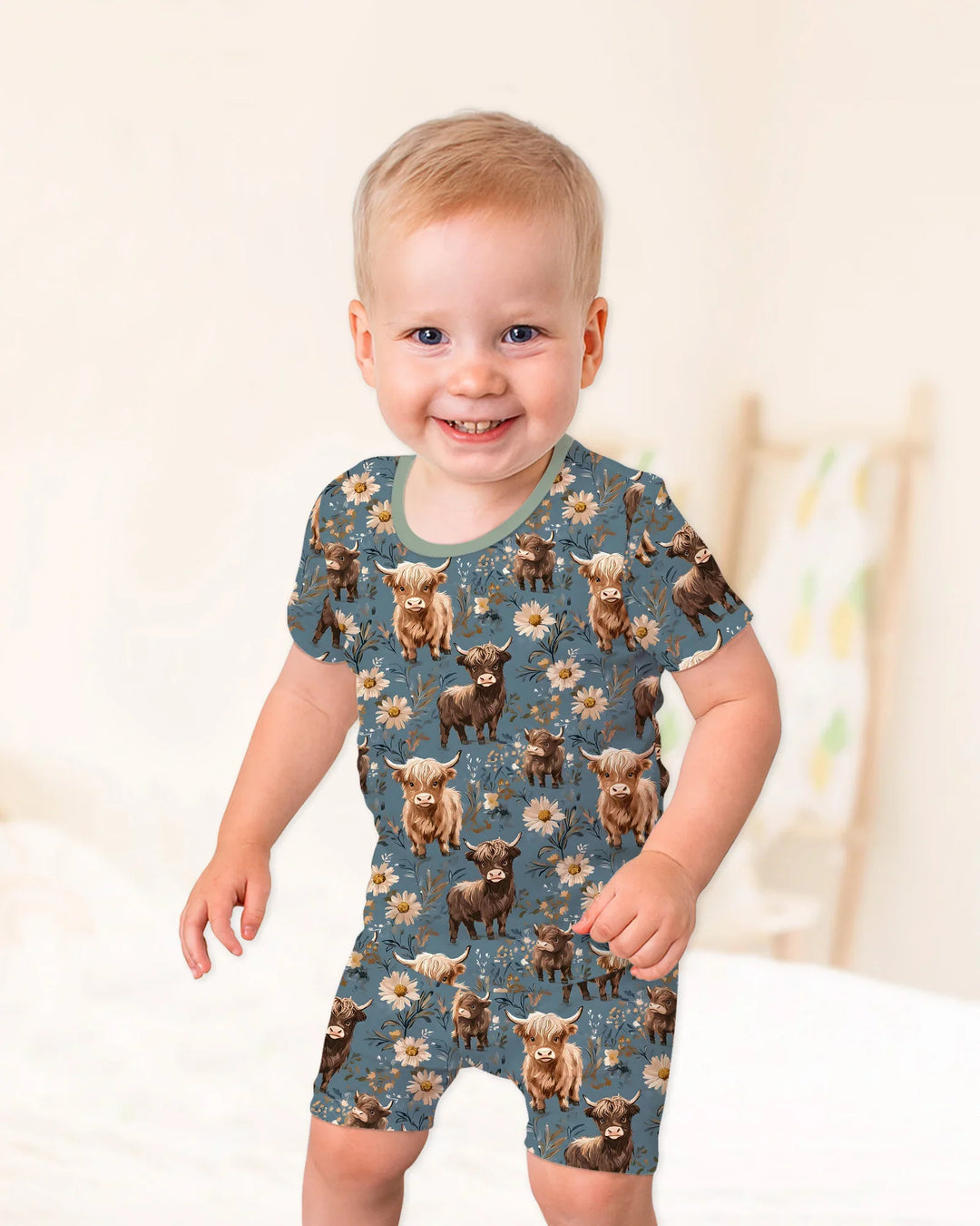 Majestic Highland Cows Family Matching Bamboo Two Piece Short Sleeve Shorts Pajama Set