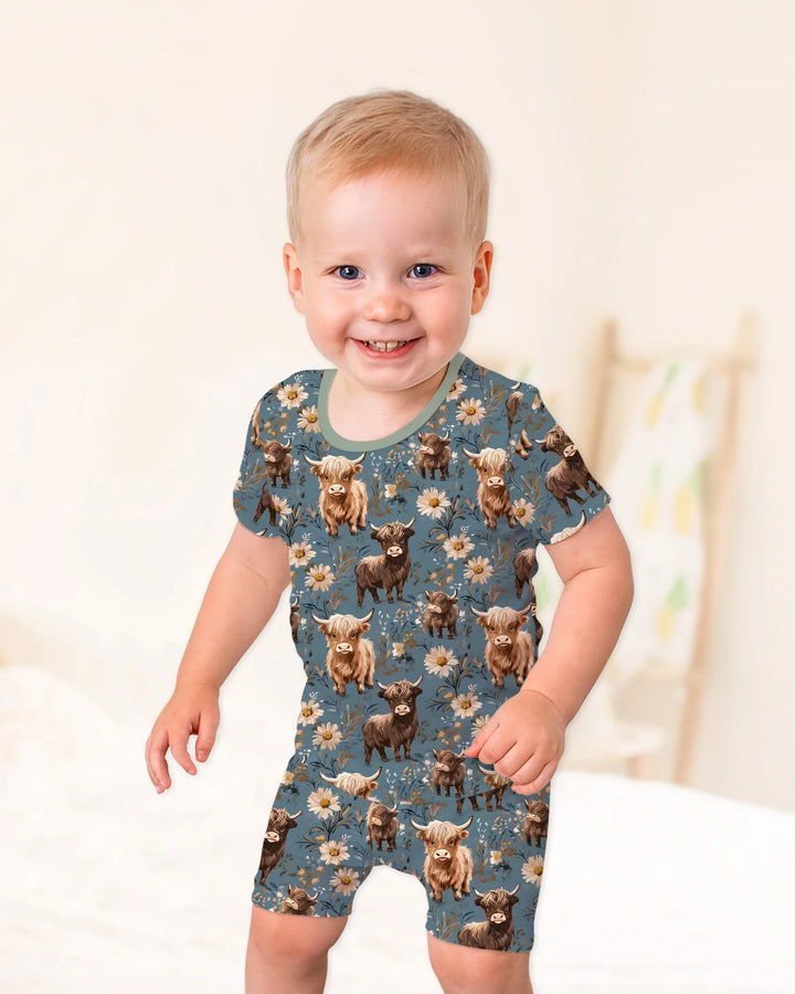Majestic Highland Cows Family Matching Bamboo Two Piece Short Sleeve Shorts Pajama Set