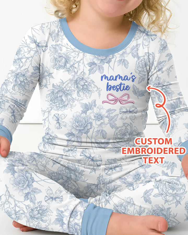Custom Embroidered Mommy and Me Toile Matching Bamboo Two Piece Long Sleeve Pajama Set