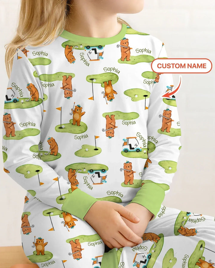 Custom Name Little Bear Golf Club Bamboo Two Piece Long Sleeve Pajama Set