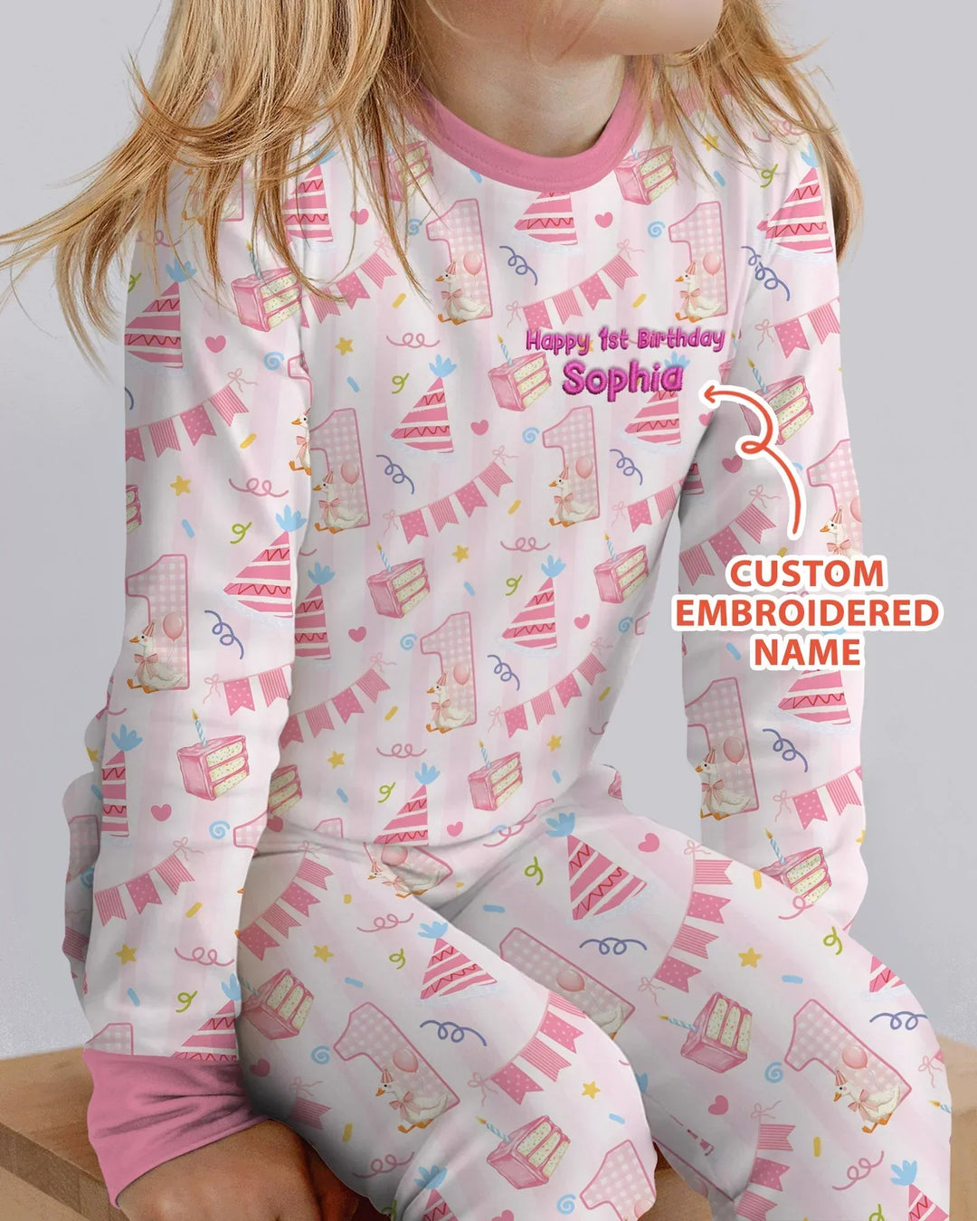 1st Birthday Girl Embroidered Baby Bamboo Two Piece Long Sleeve Pajama Set