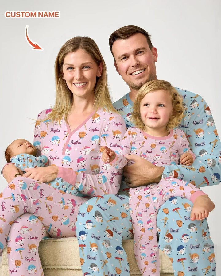 Custom Name Ballparl Family Matching Bamboo Two Piece Long Sleeve Pajama Set