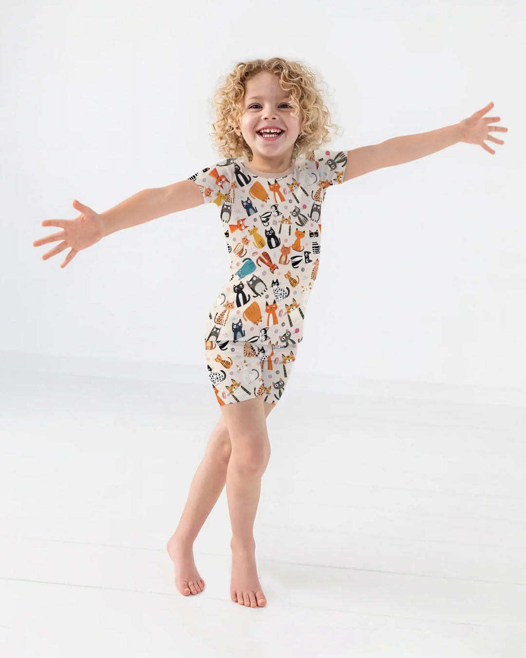 Goofy Mischief Cat Family Matching Bamboo Two Piece Short Sleeve Shorts Pajama Set