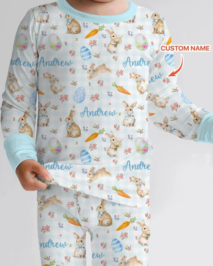 Custom Name Bunny Garden Bamboo Two Piece Long Sleeve Pajama Set
