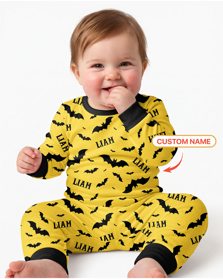Black Bat Halloween Custom Name Bamboo Two Piece Long Sleeve Pajama Set