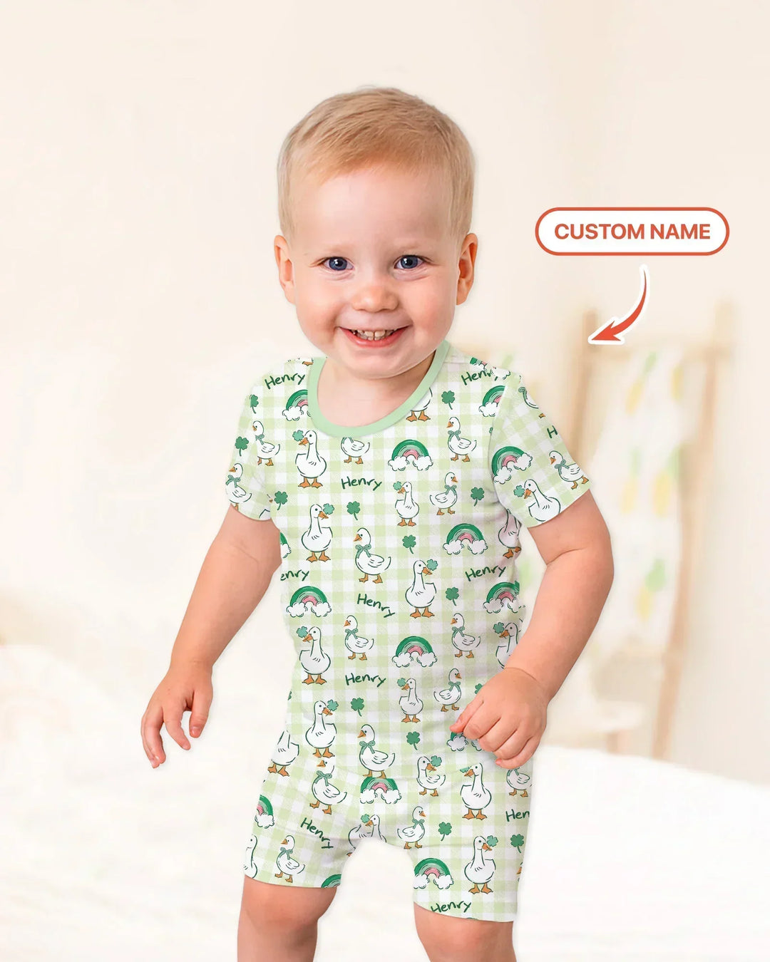 Custom Name Lucky Ducks Bamboo Two Piece Short Sleeve Shorts Pajama Set