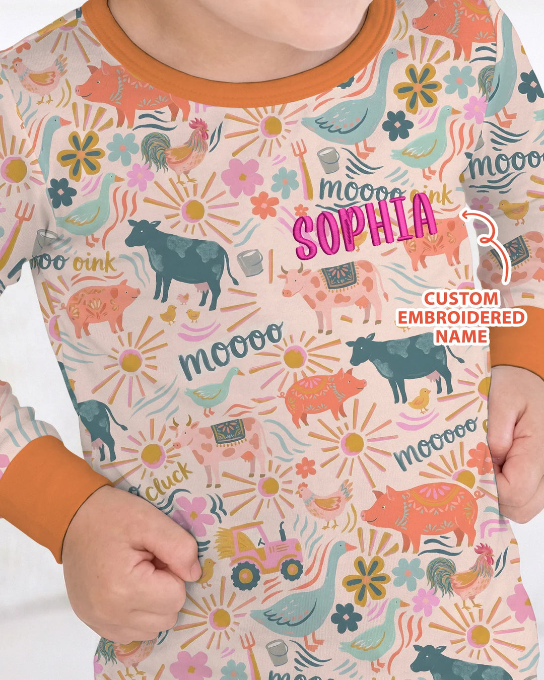 Custom Name Embroidered Colorful Farm Life  Bamboo Two Piece Long Sleeve Pajama Set