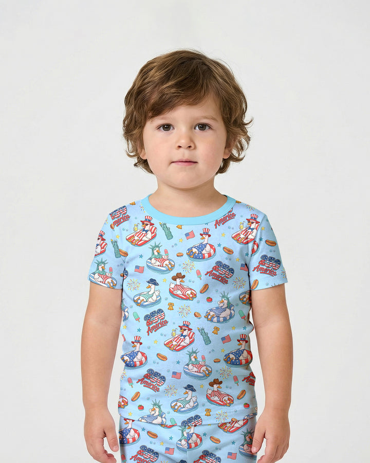 250 America Patriotic Goose Family Matching Bamboo Two Piece Short Sleeve Shorts Pajama Set