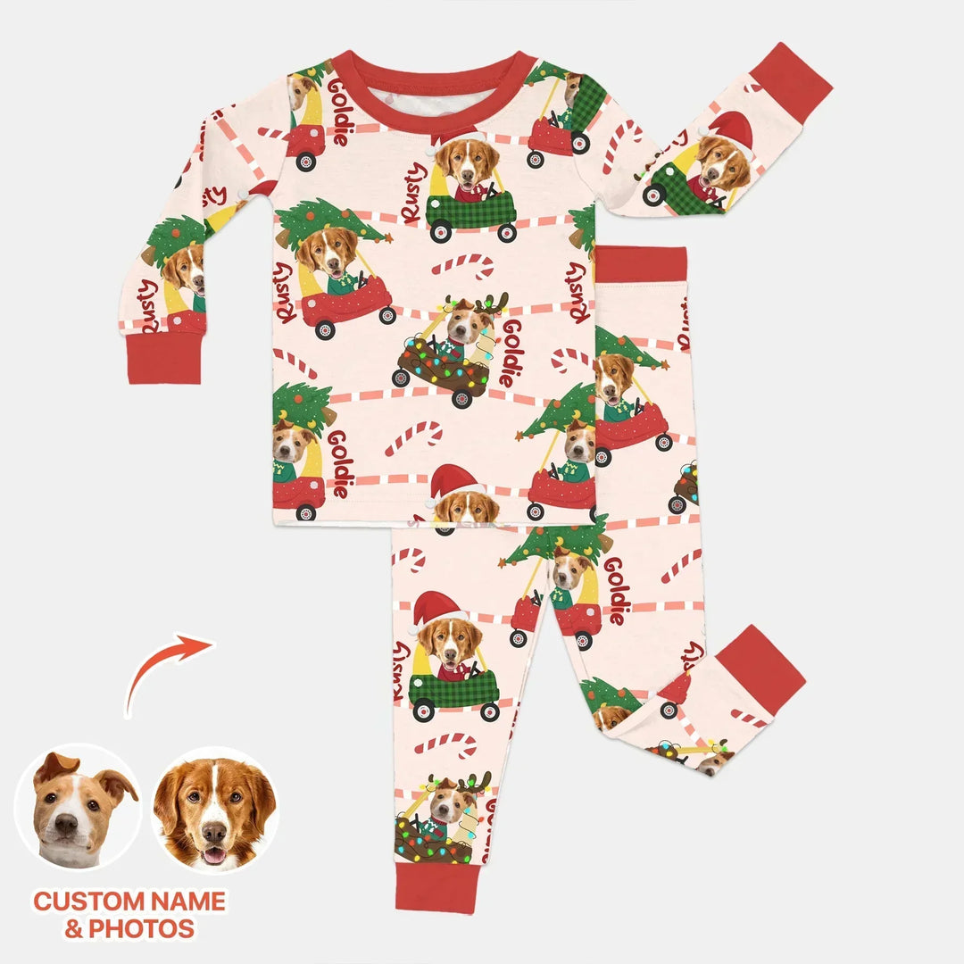 Custom Pet Photo Christmas Tikes Car Bamboo Two Piece Long Sleeve Pajama Set