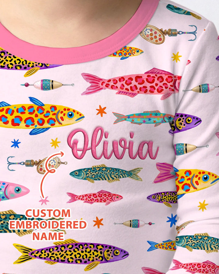 Custom Name Embroidered Colorful Fish Bamboo Two Piece Long Sleeve Pajama Set