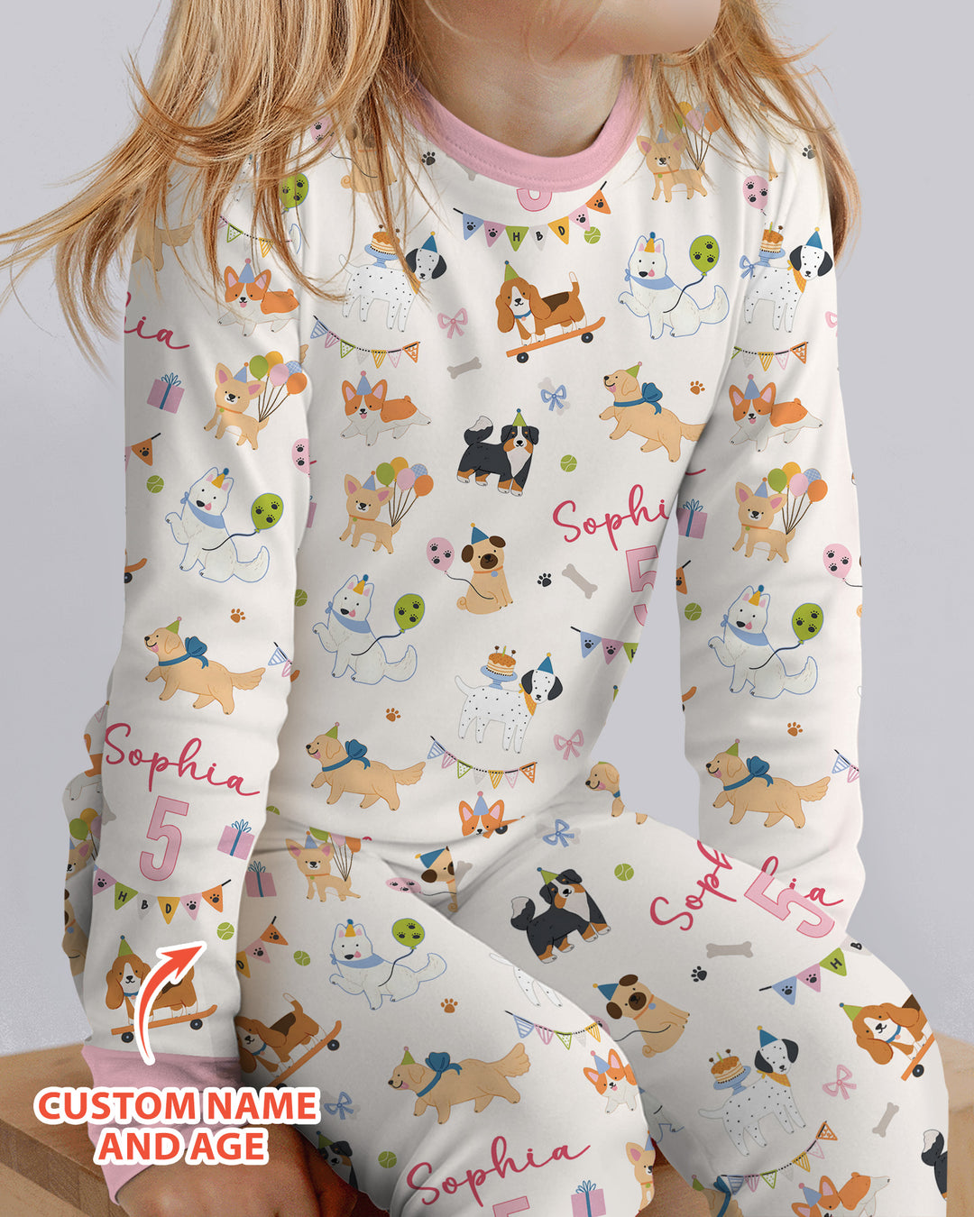 Custom Name Birthday Dogs Party Bamboo Two Piece Long Sleeve Pajama Set