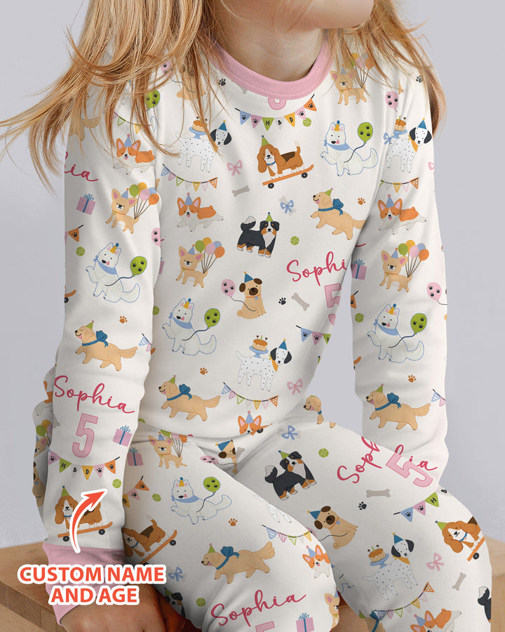 Custom Name Birthday Dogs Party Bamboo Two Piece Long Sleeve Pajama Set