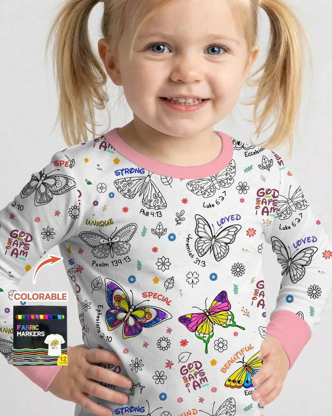 Colorable God Says I Am Butterfly Bamboo Two Piece Long Sleeve Pajama Set