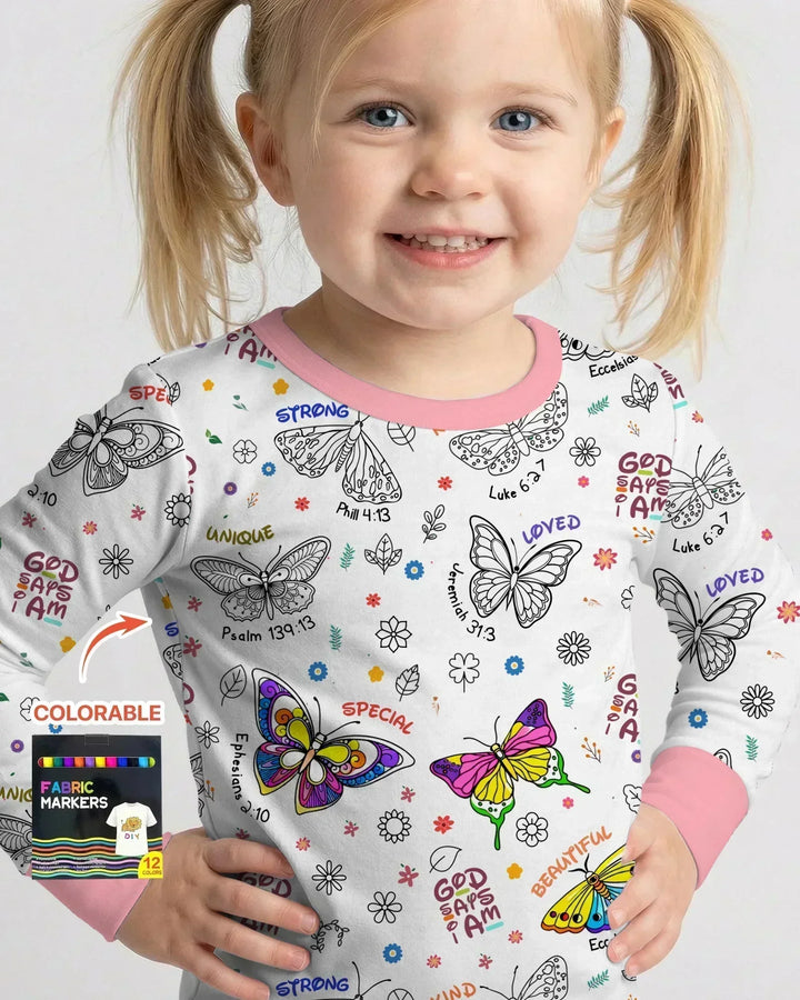 Colorable God Says I Am Butterfly Bamboo Two Piece Long Sleeve Pajama Set