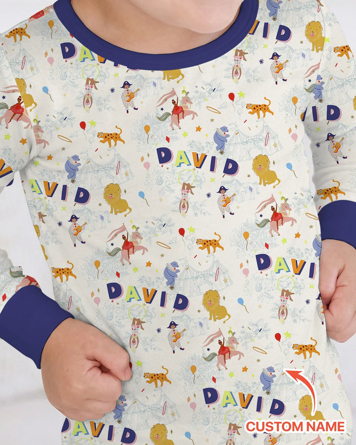 Custom Name Circus Toile Bamboo Two Piece Long Sleeve Pajama Set