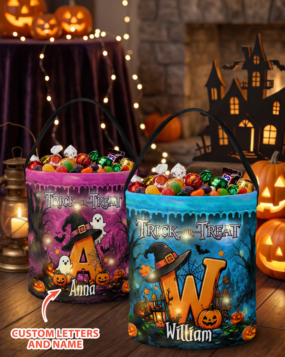 Halloween Initials Spooky Ghost Trick Or Treat Led Light Bucket Bag