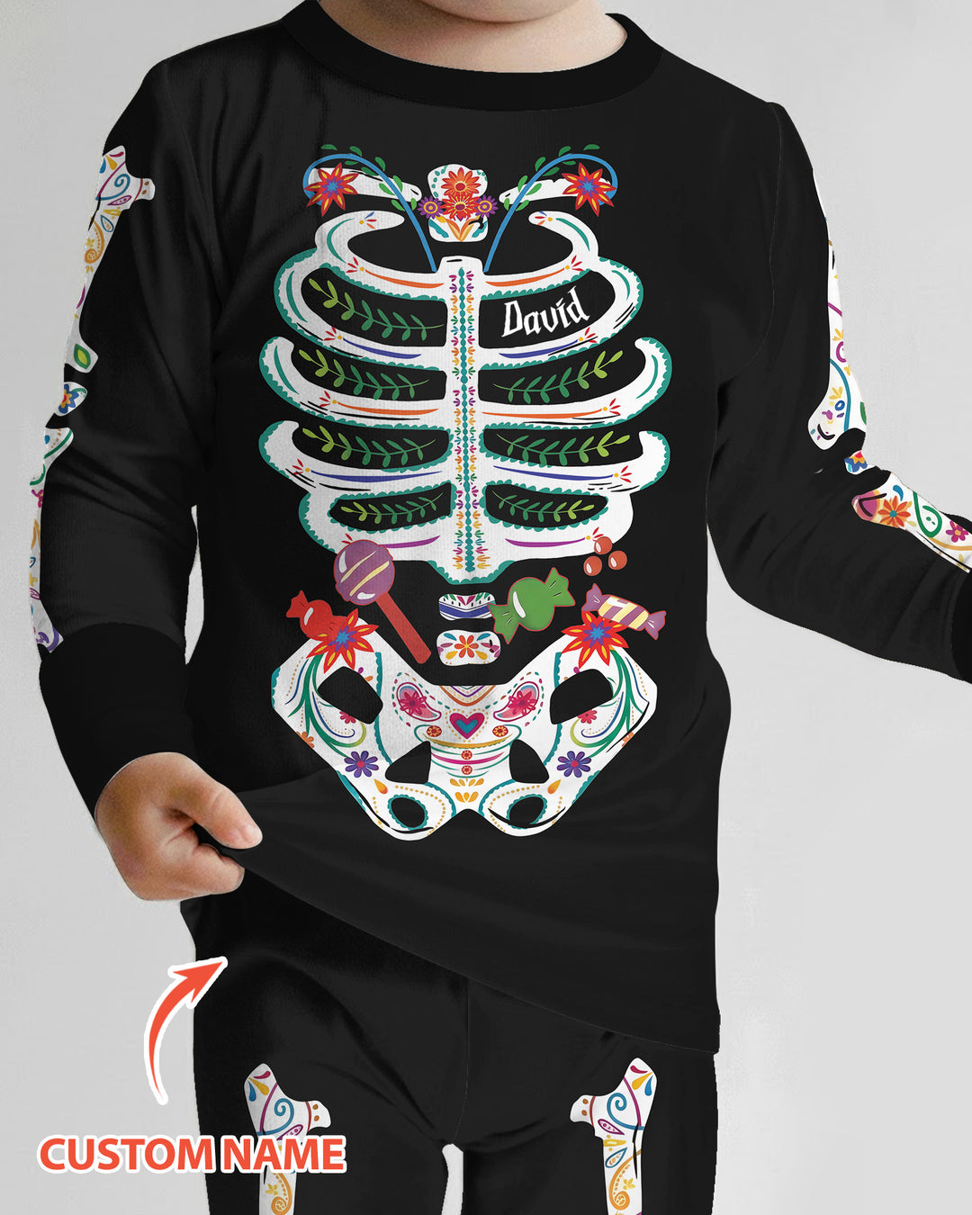 Custom Mexican Halloween Floral Skeleton Bamboo Two Piece Long Sleeve Pajama Set