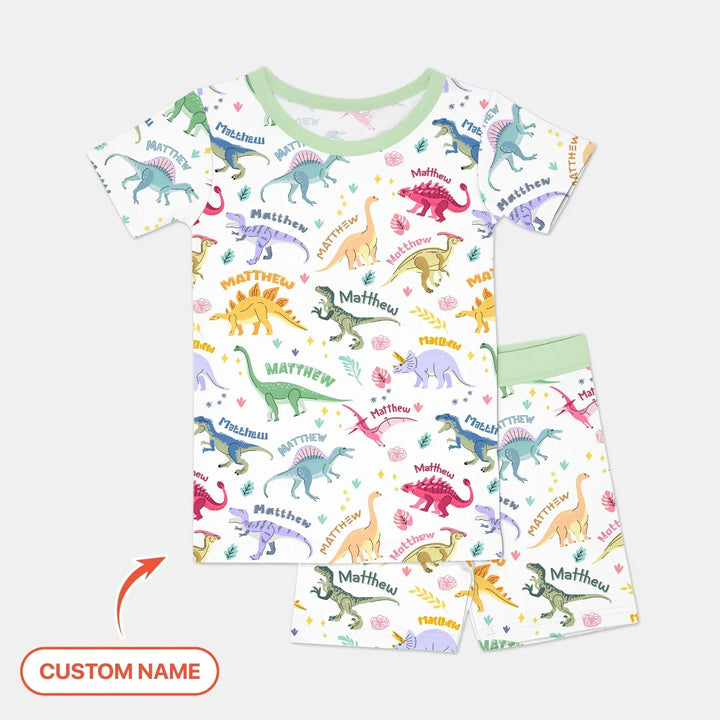 Dino Roar Custom Name Bamboo Two Piece Short Sleeve Shorts Pajama Set