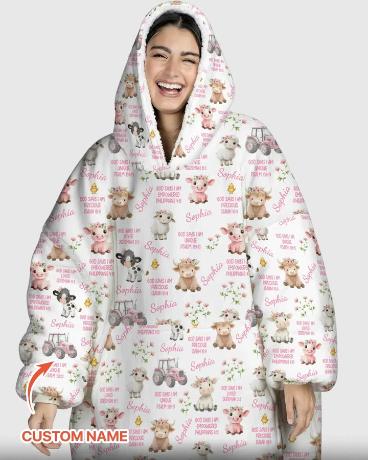 Custom Name God Says I Am Farm Animals Bamboo Blanket Hoodie