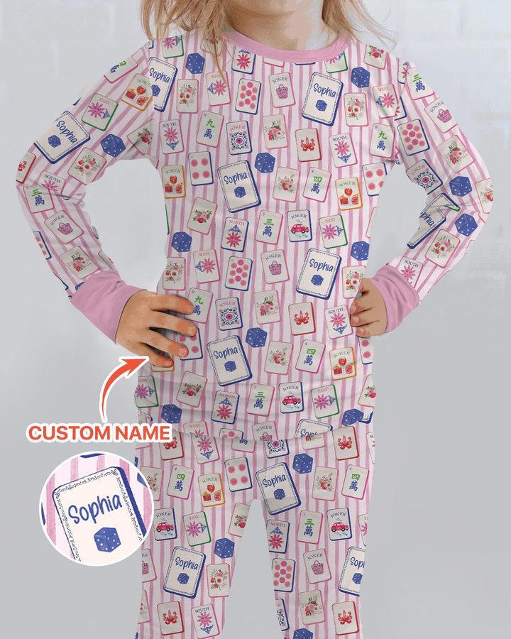 Coastal Mahjong Custom Name Mommy & Me Matching Bamboo Two Piece Long Sleeve Pajama Set