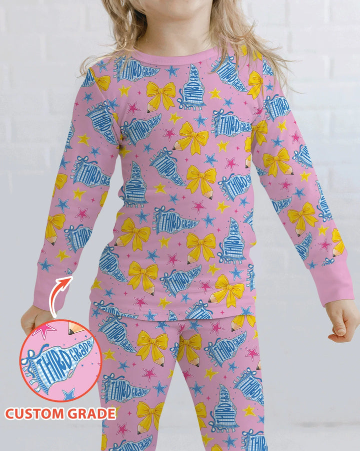 Pencil Bow Back To School Bamboo Two Piece Long Sleeve Pajama Set