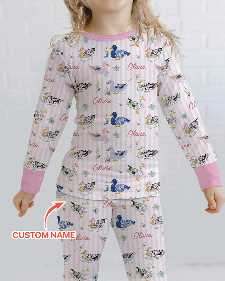 Whimsical Duck Custom Name Bamboo Two Piece Long Sleeve Pajama Set