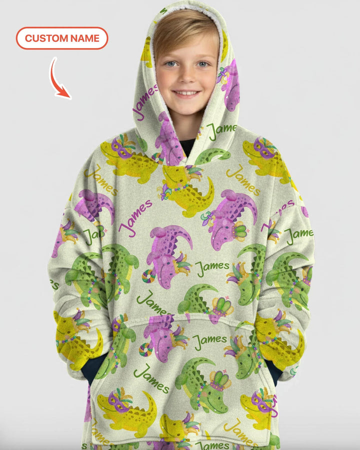 Custom Name Mardi Gras Alligator Wearable Bamboo Blanket Hoodie